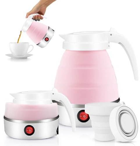 Bollitore Portatile per Campeggio 600ML, Bollitore Pieghevole in Silicone EUBSWA per Viaggi, Esterno (Rosa)