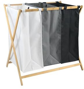 hausleben Wäschekorb aus Bambus – 3-Fach Wäschesammler 40 L | Mit einzeln abnehmbaren Wäschesäcken | Stabiler Bambusrahmen & Deckel | Perfekt für Badezimmer, Schlafzimmer & Haushalt