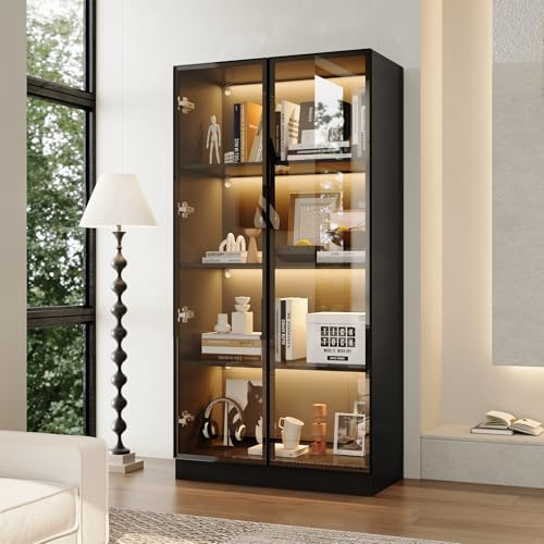 PREMTURE Glass Display Cabinet with 3 Colours Lights, Collector Sideboard with 4 Shelves, Free Standing Cabinet, Aluminium Frame Doors, 40D x 80W x 160H cm (Black)