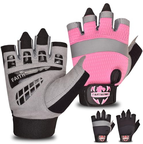 FIGHTSENSE Gants Musculation Homme et Femme (Rembourré)-Gants d'entraînement,Gants de Gym,Fitness, Sport,Halterophilie Gants d'haltérophilie avec adhérence améliorée,Paume rembourrée (Rose, M)