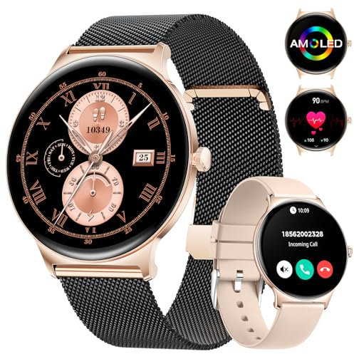 LIGE Smartwatch Damen mit Blutdruckmessung, 1,43 AMOLED Fitnessuhr Damen mit Telefonfunktion/IP68 wasserdichte /120+Sport Modus/Frauengesundheit/Kalorien/Herzfrequenz, Android IOS Schrittzähler Uhr