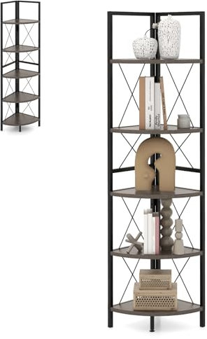 HOMASIS Scaffale ad Angolo a 5 Livelli, Libreria Angolo in Legno e Telaio in Metallo, Mobiletto Angolare Stretto e Salvaspazio per Soggiorno, Ufficio, Cucina, 35,5 x 35,5 x 160 cm (Quercia Grigia)