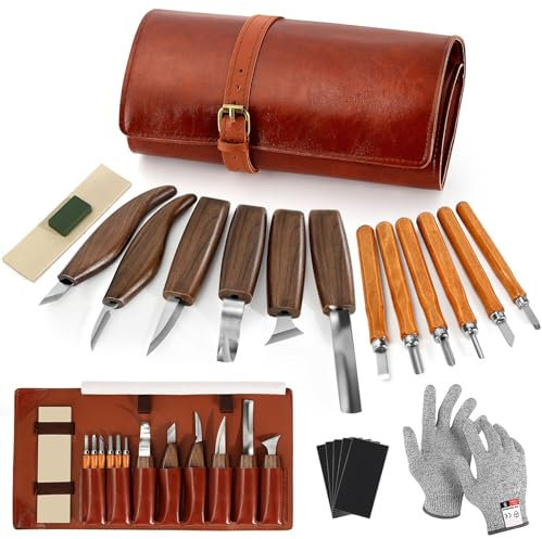 17 Pezzi Kit di Coltelli per Intaglio del Legno, Strumenti per Intaglio del Legno, con custodia, Sicurezza Guanti, Pietra Lucidante, Affilatura, Strumenti per Intaglio Legno per DIY Principianti