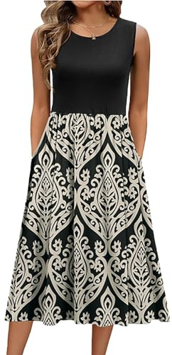 Yeenily Vestito Donna Estivo Lungo Vestito da Mare Elegante Collo Rotondo Senza Maniche A Vestiti Vita Alta A Line con Tasche