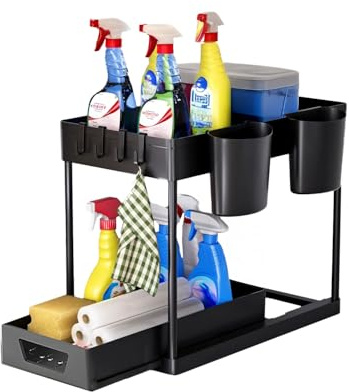 Wintem - Organizer Sottolavello Cucina a 2 Ripiani con Cestelli e Ganci per Ottimizzare Spazio in Bagno e Cucina, Facile da Montare, Ideale per Detergenti e Accessori di Uso Quotidiano