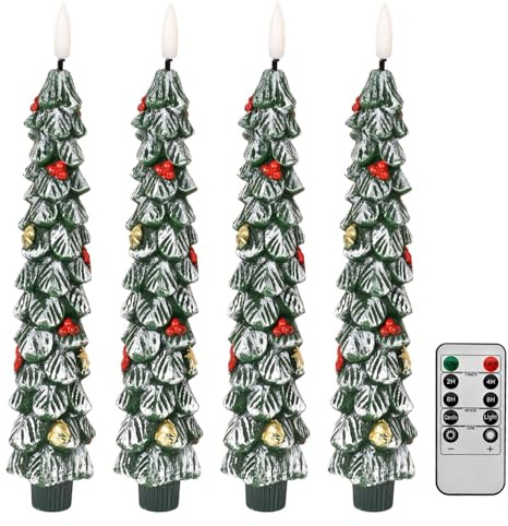 Colexy Set 4 Candele LED a Forma di Albero di Natale senza Fiamma con Telecomando Timer, 24.5 cm Candele Tremolanti per Decorazioni Natalizie, Camino, Vacanza, Feste, Regali