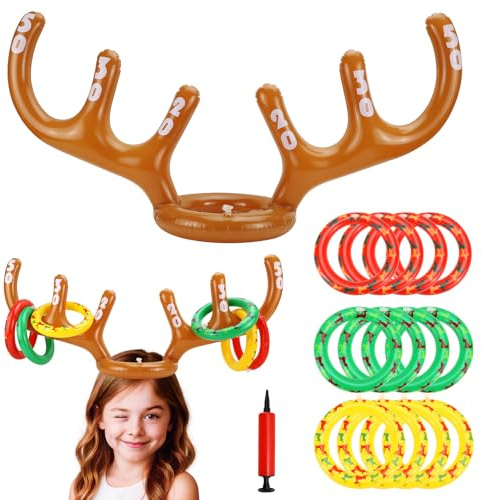 Weihnachtsspiele Aufblasbares Ringwurfspiel Partyspiele Spiel Weihnachten Aufblasba 2 Rentiergeweih Aufblasbar und 12 Ringe + 1 Luftpumpe Ringwurfspiel Indoor Party Spiele für Kinder Erwachsene