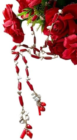Collana a laccio artigianale fatta a mano all'uncinetto con filato prezioso Lurex, pietre naturali di Corallo rosso, schegge di Turchese bianco e Corallo rosso - Idea regalo donna. Pezzo unico.