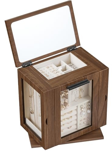 HOOBRO 360° Drehbare schmuckkästchen groß mit 4 Schubladen, Spiegel, 3 Acryltüren, Schmuckaufbewahrung für Halsketten, Ringe, Armbänder, Ohrringe, Walnussfarbe EBH31JB04