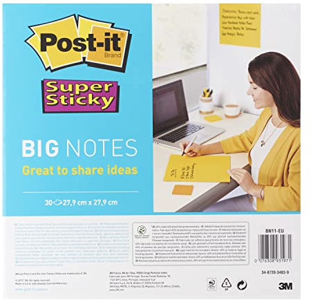 Post-it Super Sticky Big Notes, Packung mit 1 Block mit 30 Blättern, 279 mm x 279 mm, Gelb, Extra-stark klebende Notizzettel zum Notieren, für To-Do-Listen und Erinnerungen