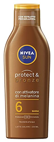 NIVEA SUN Crema Solare Protect & Bronze FP6 in flacone da 200 ml, Crema abbronzante e idratante, Latte solare per un'abbronzatura dorata, intensa e uniforme