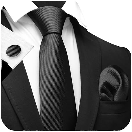 GUSLESON Brand Mens Classic Solid Silk Deep Black Tie Necktie and Pocket Square Cufflinks Sets (0789-12)
