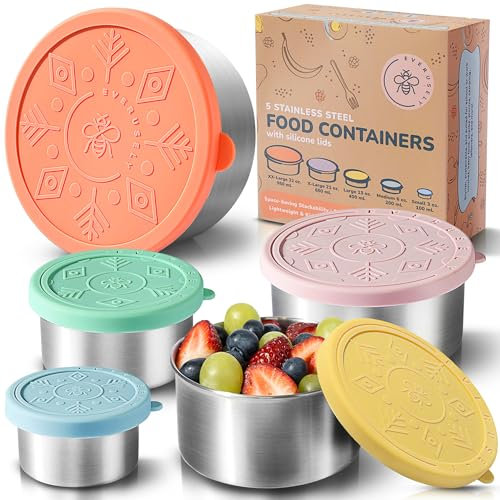 Everusely - Recipientes de acero inoxidable con tapas - Juego de 5, colección Bright - Recipientes para alimentos de acero inoxidable a prueba de fugas - Soportes para refrigerios