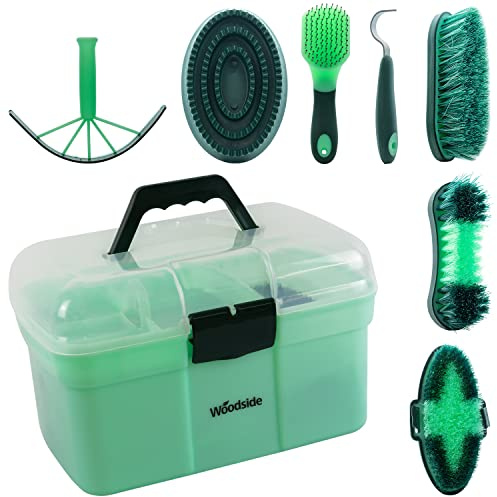 Woodside 8 Piece Equestrian Grooming Set for Horses with Carry Case, Brush, Comb, Pick & Scraper Included, All In One Bundle Pack