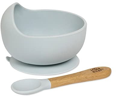 Interbaby - Bol Bebe Ventosa Silicona | Bol Bebe Antivuelco y Cuchara Bebe Aprendizaje | Cuenco Ventosa Bebe Antideslizante, Cómodo | Silicona Suave, Antibacterias, Sin BPA | Azul Grisaceo