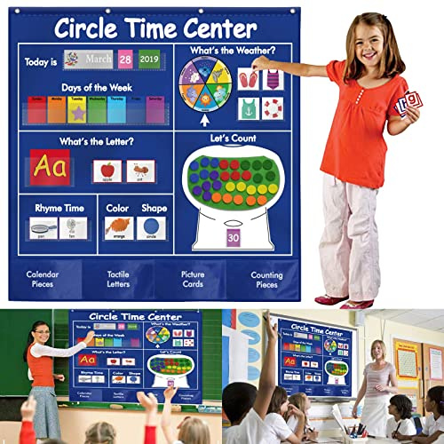 KIKIGOAL Circle Time Center - Tabla de bolsillo educativa para el aula, material de enseñanza, calendario de aprendizaje, conteo del tiempo, letra en forma de colo