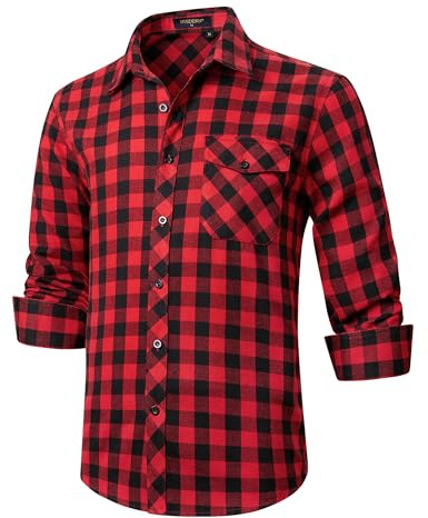 HISDERN Mens Plaid Flannel Shirts Long Sleeve for Men Casual Lumberjack Shirt Checked Button Down Regular Fit Red M