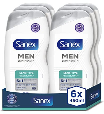 Sanex Men Skin Health Sensitive Gel de Ducha, Pack 6 Uds x 475ml, Gel de Baño para Hombres, Protege la Piel, Ayuda a Reducir el Riesgo de Irritación, Mejor Hidratación Natural, Beneficios 6 en 1
