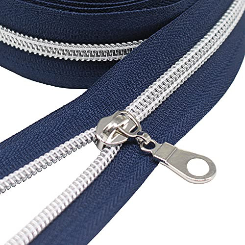 MebuZip 9 m silberfarben endlos Reißverschluss Meterware Reißverschluss Nylon 6mm-Spirale + 25 Nonlock-Zipper für Taschen Deko DIY Basteln Nähen (Silberfarben Dunkel Blau)
