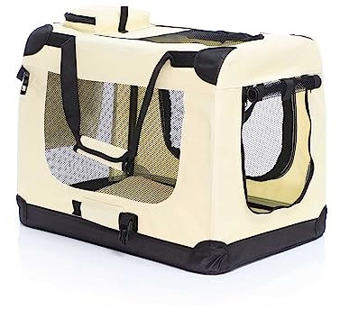 Fudajo Faltbare Transportbox für Hunde, Katzen M (60x42x44cm), robust, leicht, sicher, Hundebox mit Tragegriff und Decke, Beige