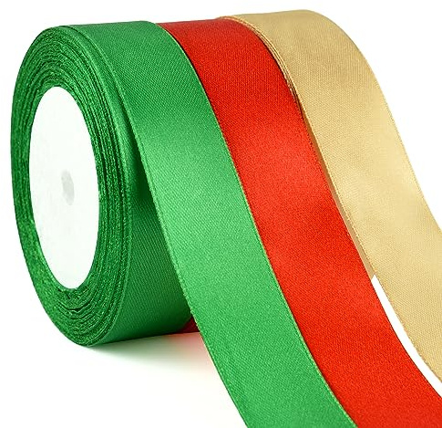 ASTARON Satin Ribbon for Christmas Crafts 1 Inch, Red Green Gold Solid Color Ribbon Fabric Ribbon for Gift Wrapping Bouquets DIY Hair Bows for Christmas Decorations