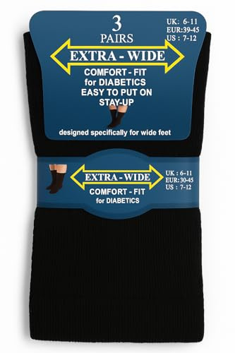 ARG 3 pares de calcetines para diabéticos extra anchos para hombre, ajuste cómodo, edema, mala circulación, para pies anchos UK 6-11 (EU 39-45), Negro, Taille unique