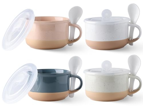 GBHOME Ceramic Soup Mugs with Handles and Lids,24 OZ Soup Cups Set of 4 with Terracotta Underside,Mug Bowls with Spoon for Soup/Cereal/Salad/Noodles/Ramen/Microware &Dishwasher Safe-Colorful