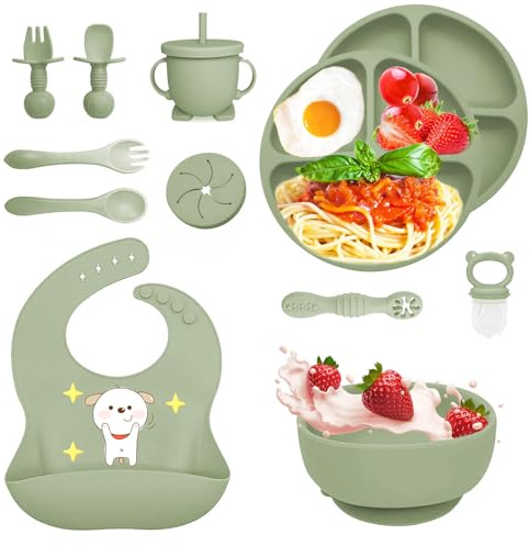 Bizcasa Set Pappa per Bambino, 12 Pezzi, Set Pappa Svezzamento per Bambini in Silicone, Senza BPA, Set di Posate per Bambini Antiscivolo con Ventosa Piatto Ciotola Tazza Bavaglino (Verde 1)