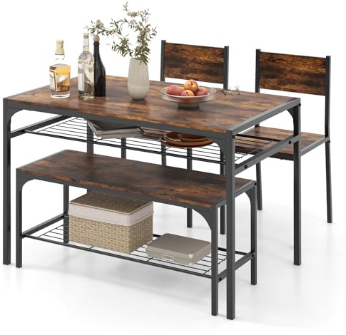 GIANTEX Juego de Mesa de Comedor para 4, Mesa Rectangular con 2 Sillas, 1 Banco, Estantes, Marco de Metal Resistente, Juego de Comedor de 4 Piezas, Comedor, Cocina (Marrón Rústico)