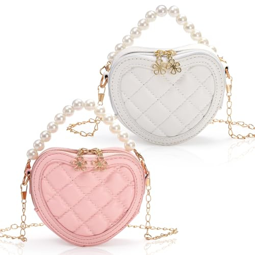 Cididu 2 Pack Little Girl Purses, Heart Shaped Children Crossbody Bag with Pearl Handle, Mini Cute Kid Purse with Chain Strap, Princess Handbag Wallet Gift for Kids, Easter, Birthday Gift