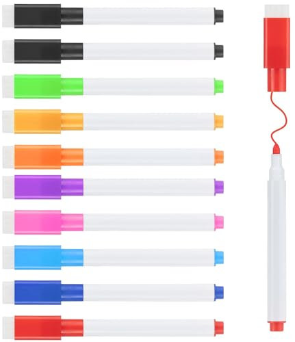 HRLORK 10 Stück Whiteboard Marker, Dry Erase Marker 9 Farben Whiteboard Stifte,Abwischbar Stift, Whiteboard Marker Mit Schwamm Folienstift Abwischbar Stift