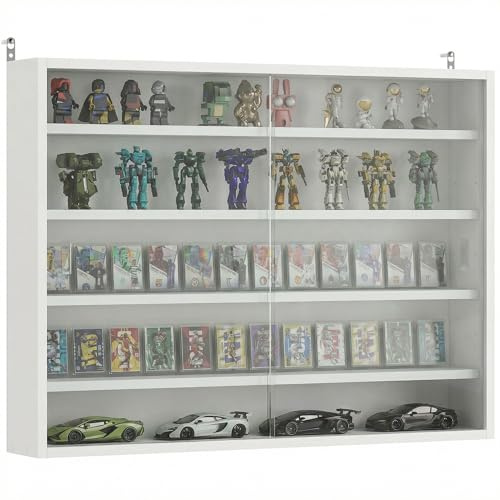 HOMCOM Vitrina Expositora para Colecciones de 5 Niveles, Vitrina de Pared, con Estantes Ajustables y 2 Puertas Correderas de Vidrio, para Perfumes, Figuras de Decoración, 80x9,5x60 cm, Blanco