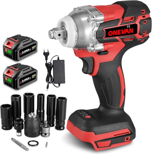 ONEVAN pistola de impacto bateria, 300NM 1/2 llave de impacto a bateria con 2x3.0ah baterías, sin escobillas, 6 vasos de impacto, luz led, 20v atornillador de impacto para coches camiones