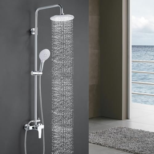 Colonne de Douche Chromé, Coleniny Système de douche avec Mitigeur Salle de Bain 110-145CM Hauteur RéGlable, Ensemble de Douche avec Mitigeur avec Tête de Douche Ronde 21CM et Douchette 3 Jets