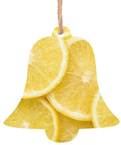 Lot de 6 décorations de Noël en bois en forme de cloche jaune à imprimé citron
