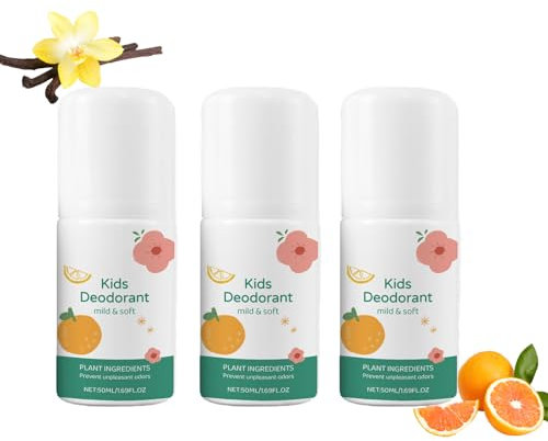 3 Stück Neu Natürliches Deodorant Für Kinder Jugendliche, Roll-On-Deodorant für Kinder, Hypoallergenes Deodorant, Langlebiger Vanille-Zitrus, Frisch Angenehm, Trockene Haut Verhindern