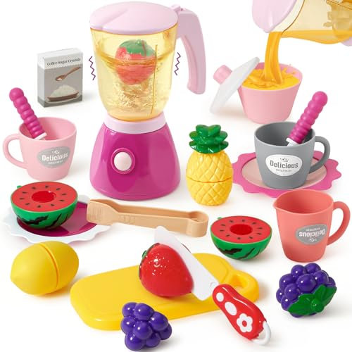 Tacobear Küchengeräte Spielzeug Set, Kinderküche Zubehör mit Elektrisch Smoothie-Mixer Kinder Obst Tasse Menü, Spielküche Zubehör Kinder Küche Spielzeug ab 3 Jahre Geschenk Mädchen 4 5 6 Jahre (Rosa)