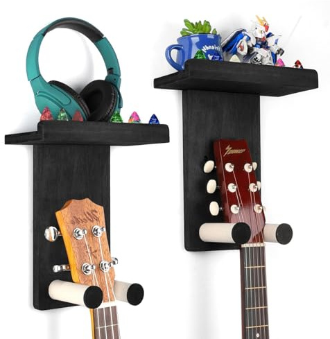VINCOURNA Support Guitare Mural, Porte Guitare Mural Lot de 2, Accroche Guitare Mu-ral pour Guitare Acoustique Adulte, Guitar Electrique, Ukulélé, Basse - Noir