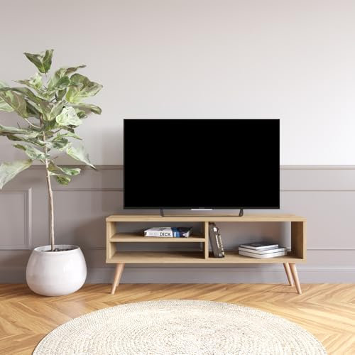 Bimossa Wooden TV Stand-120 cm, For 43–50'' TVs, Modern TV Unit with Open Storage and Natural Wood Legs, Compact TV Stand Cabinet for Living Room, 3 Colour Options (Oak,Lapis)