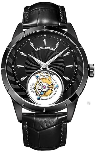 JDLERMY Montre à mouvement tourbillon authentique pour homme, cadran squelette, remontage manuel mécanique, cristal saphir, vintage, double face, creux, étanche, bracelet en cuir lumineux, Noir