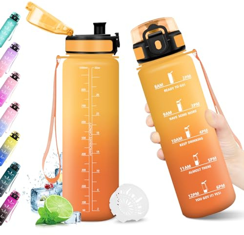 Trinkflasche 1L, Wasserflasche mit Zeitmarkierung, Trinkflasche mit Filter, Auslaufsicher, BPA-frei, Sportflasche für Fitness, Fahrrad, Büro, Schule, Outdoor, Yoga, Erwachsene, Sprudel geeignet
