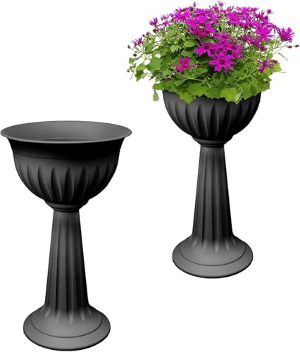 PD - 75cm Tall Terracotta Urn Planters - Large Plastic Flower Pots for Garden & Home - Indoor Outdoor Plant Stands - No Drainage Holes - 29″ Lightweight Urn Planter (Black, Pack of 2)