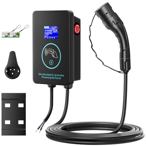 Wallbox 7,4 kW,EV Cargador Tipo 2 [8A-32A, 0-8H, 1 Fase, 5 m, Tarjeta RFID] Estación de Carga para Coches eléctricos con Cable de Carga rápida Tipo 2, Cargador EV Compatible con EV/PHEV