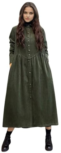 semen Womens Vintage Corduroy Button Down Babydoll Long Sleeve Dress Fleece Lined A-line Casual Long Shirt Jacket Shacket Dark Green
