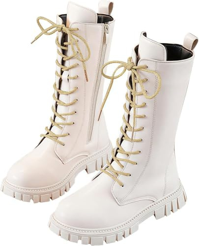 Girls Combat Boots Mid Calf Zipper Lace Up Classic Fashion Kids Winter School Shoes Teen Girl PU Leather Punk Goth Cowgirl Boot UK Size 11.5 White Gold