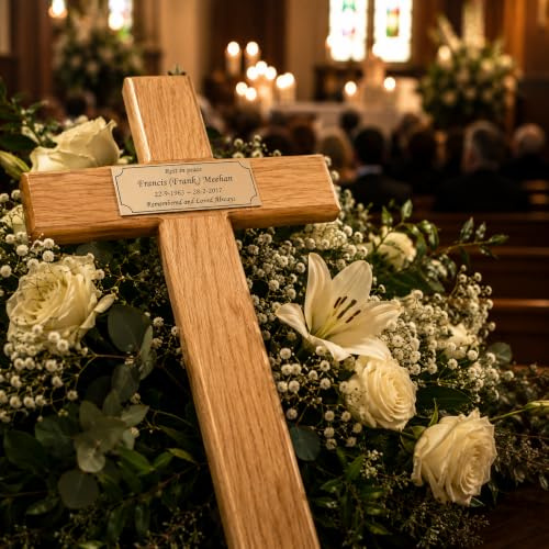 Wooden Memorial Cross Solid Oak Grave Marker & Bespoke Personalised Plaque