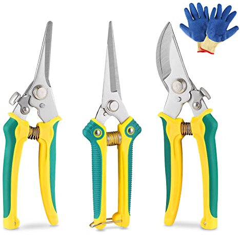 UOUNE Garden Secateurs, 3 Pack Ergonomic Gardening Scissors Set - Pruning Shears with Stainless Steel Blade, Locking Mechanism and Garden Gloves for Branches, Flowers, Rose, Fruit, Plants, Bonsai
