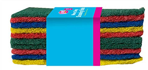 8 Heavy Duty Coloured Scouring Pads | 1 Pack of 8 Sponges | Flat Scouring Pad Classic Cleaning Sponge & Scourer Pads