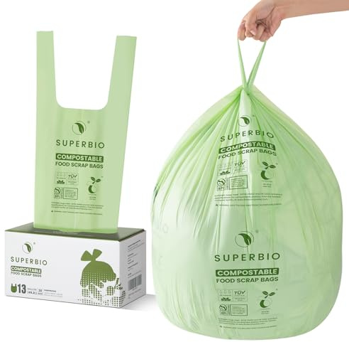 SUPERBIO 13 Gallon Compostable Handle Tie Tall Kitchen Garbage Bags, Heavy Duty Food Scrap Trash Bags Certified by BPI and OK Compost Home, 30 Count
