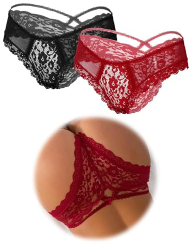 ohmydear String Femme Sexy Chic Hot Tanga Culotte Slip Croisées Creux Out Entrejambe en Coton Dentelle M-L Transparent Panties Strings et Tangas sous-Vêtements 2 Pièces